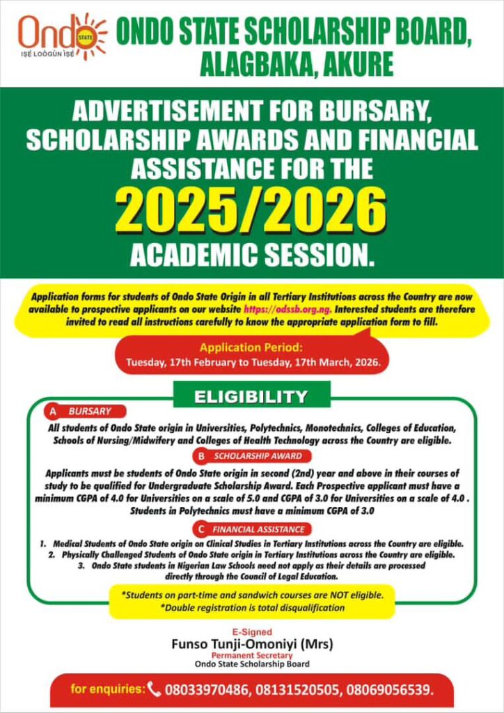 Ondo State Scholarship Board 2026 application flyer