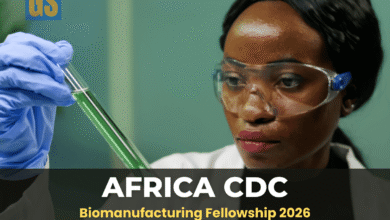 Professional African scientists in a high-tech laboratory for the Africa CDC Biomanufacturing Fellowship 2026.