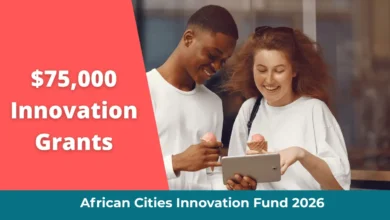 African Cities Innovation Fund 2026 banner showing $75,000 grants for urban innovators in Sub-Saharan Africa.