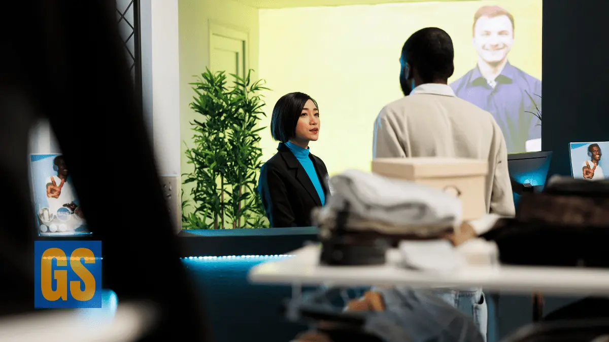 A journalist conducting an interview in a news studio for the NYU Stern Climate Economics Journalism Fellowship 2026.