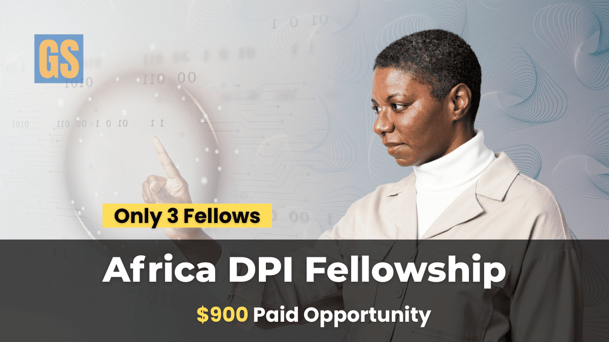 A professional female researcher interacting with a digital interface for the DPI Governance Africa Fellowship 2026, highlighting the $900 paid opportunity.