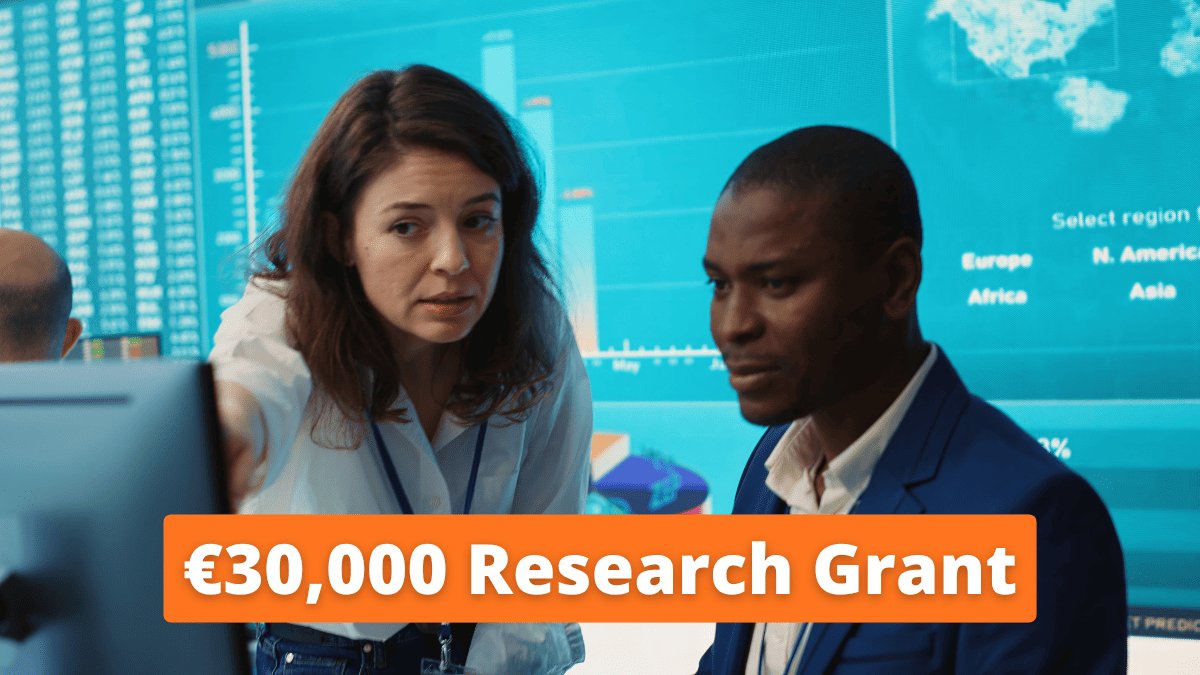 FMSH Oceans Call for Projects 2026: A diverse group of international researchers working in a modern research center, with a text overlay of "€30,000 Research Grant