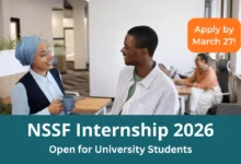 NSSF Internship Program 2026 banner for university students in Uganda featuring professional office setting and application deadline.