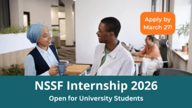 NSSF Internship Program 2026 banner for university students in Uganda featuring professional office setting and application deadline.
