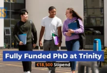 Diverse doctoral students walking on campus at Trinity College Dublin for the PhD Researcher Far-Right Mobilization Ireland 2026 project.
