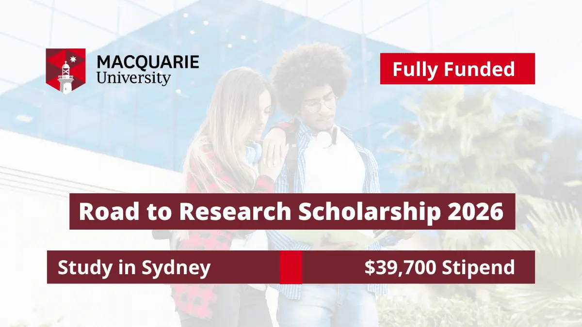 An international student on campus representing the fully funded Road to Research Scholarship 2026 at Macquarie University in Sydney with a $39,700 stipend.
