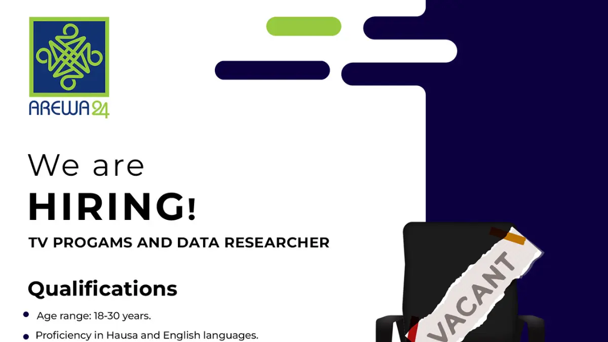 Official recruitment poster for AREWA24 TV Programs and Data Researcher job 2026 in Kano State.