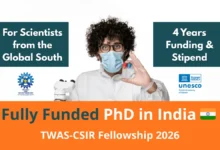 TWAS-CSIR Postgraduate Fellowship 2026 banner for fully funded PhD in India with monthly stipend and laboratory access for international scientists.