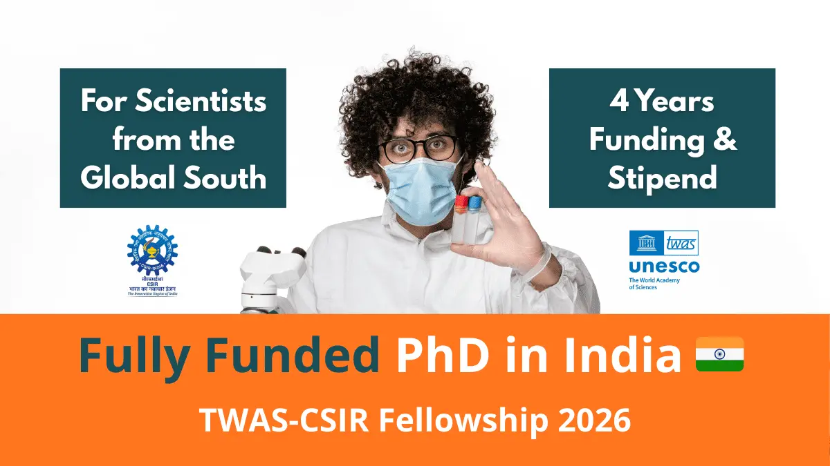 TWAS-CSIR Postgraduate Fellowship 2026 banner for fully funded PhD in India with monthly stipend and laboratory access for international scientists.