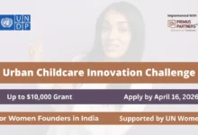 Urban Childcare Innovation Challenge 2026 poster featuring UN Women and UNDP support for women-led enterprises in India with grants up to $10,000.