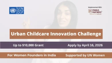 Urban Childcare Innovation Challenge 2026 poster featuring UN Women and UNDP support for women-led enterprises in India with grants up to $10,000.