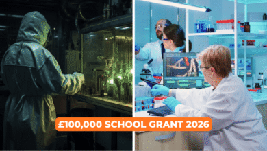 Split-view comparison of an outdated school science lab versus a modern high-tech laboratory for Wolfson Foundation school funding 2026.