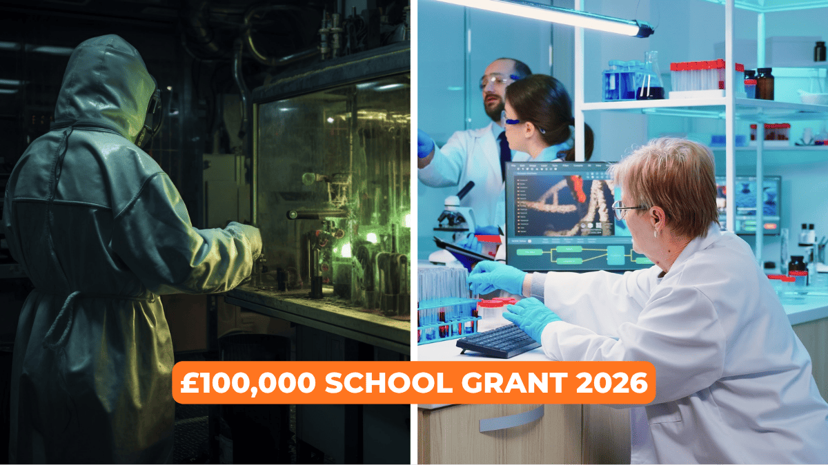 Split-view comparison of an outdated school science lab versus a modern high-tech laboratory for Wolfson Foundation school funding 2026.